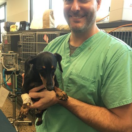 Dr. Fisher with a black and tan dachshund named charlie
